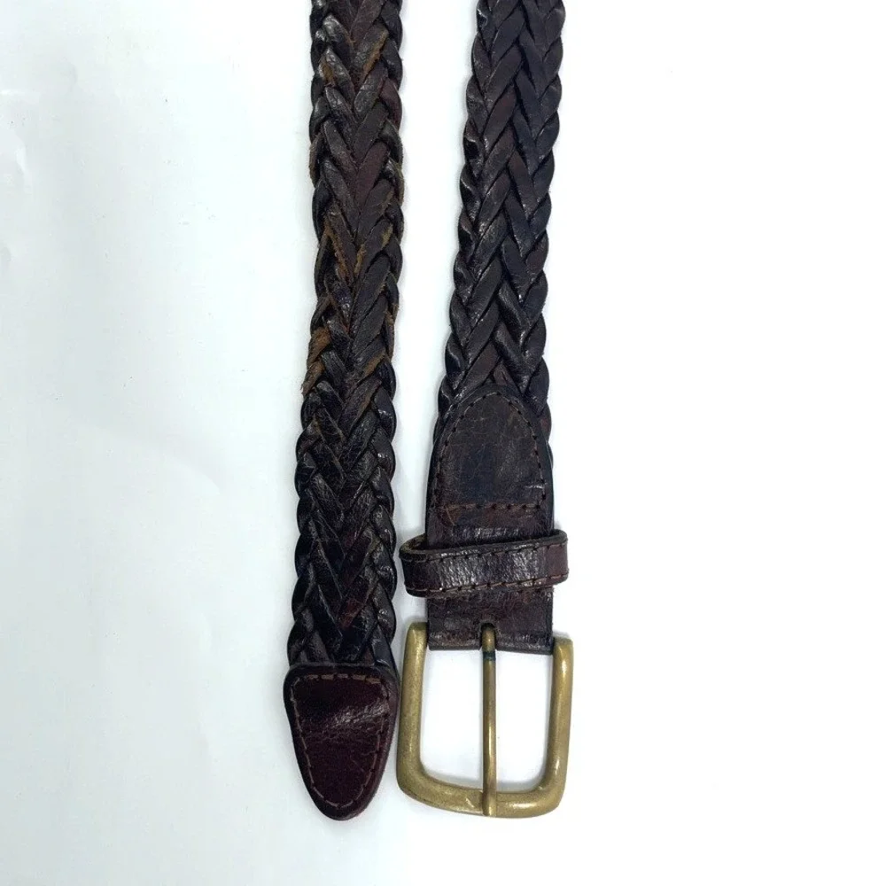 Vtg Braided Genuine Leather Belt XL 42-44 Brown Woven Brass Buckle‎ Boho Skinny